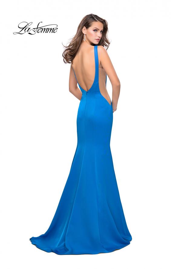 Picture of: Satin Mermaid Prom Gown with Mesh and Scoop Back in Ocean Blue, Style: 26076, Back Picture