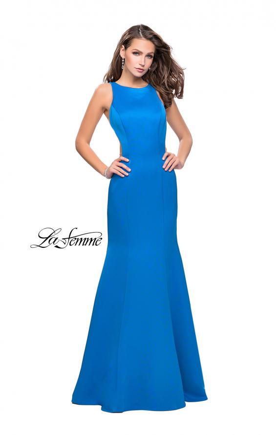 Picture of: Satin Mermaid Prom Gown with Mesh and Scoop Back in Ocean Blue, Style: 26076, Detail Picture 2