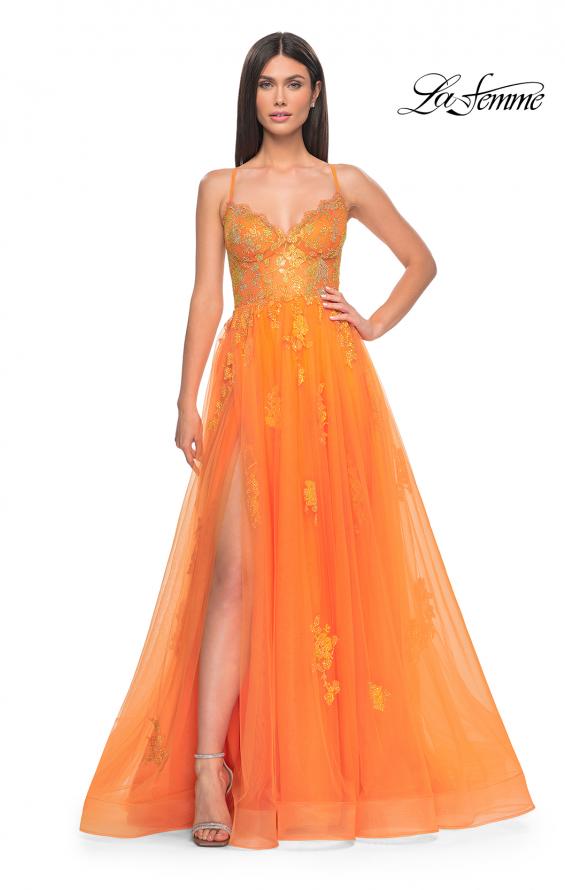 Picture of: A-Line Tulle Gown with Scallop Detail Bodice and Lace Applique in Orange, Style: 32028, Detail Picture 9