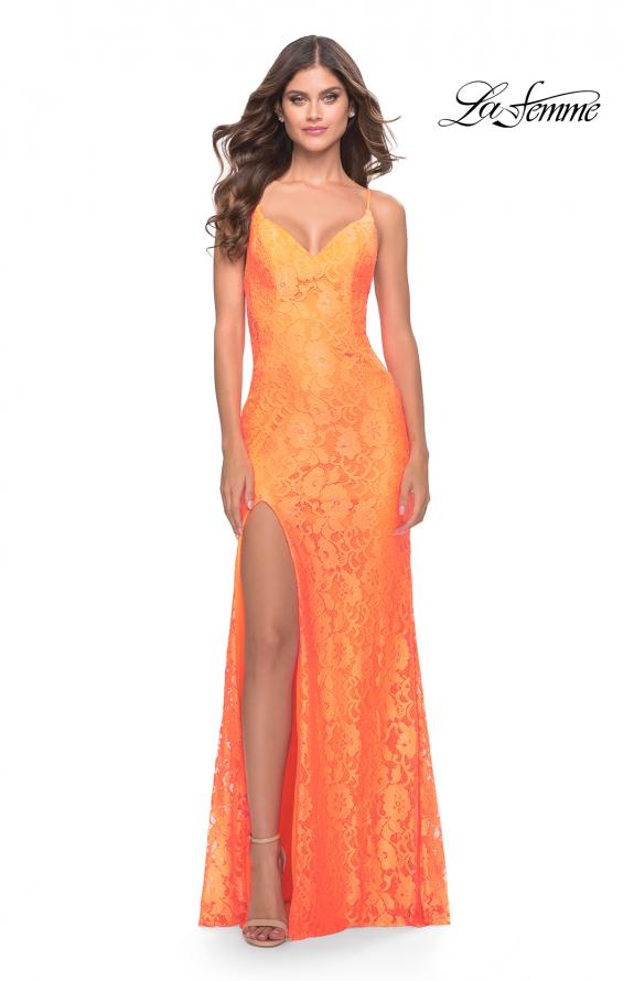 Picture of: Gorgeous Neon Lace Stretch Gown in Orange, Style: 31513, Detail Picture 1