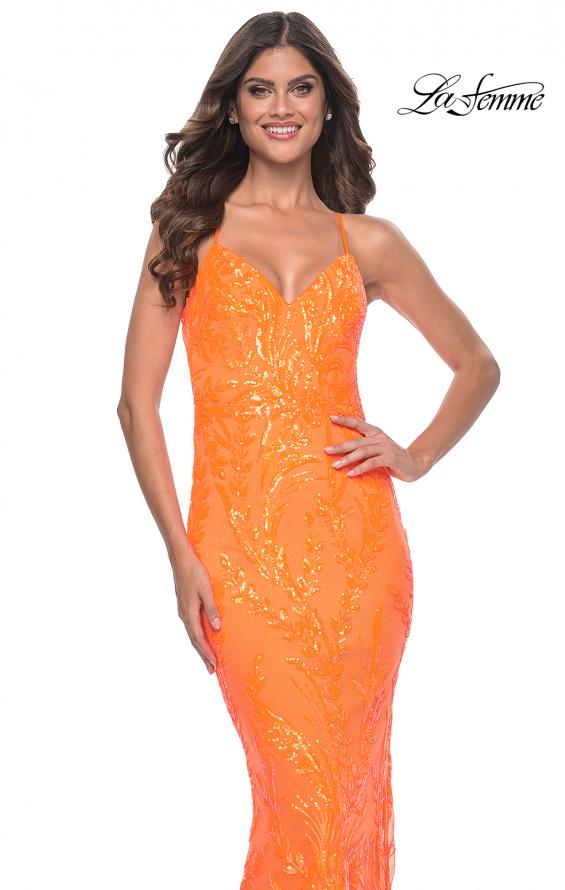 Picture of: Neon Fitted Print Sequin Pastel Prom Dress in Orange, Style: 32343, Detail Picture 3
