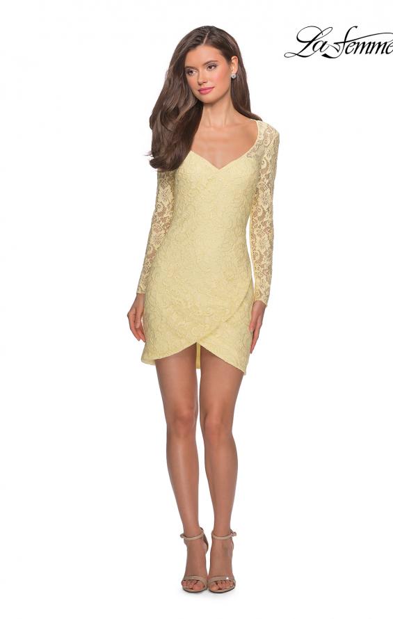 Picture of: Long Sleeve Lace Short Dress with Sheer Back Detail in Pale Yellow, Style: 28232, Detail Picture 10