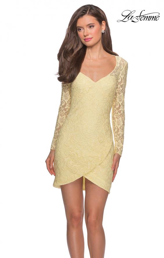 Picture of: Long Sleeve Lace Short Dress with Sheer Back Detail in Pale Yellow, Style: 28232, Detail Picture 3