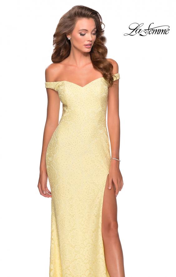 Picture of: Beaded Lace Prom Dress with Off the Shoulder Detail in Pale Yellow, Style: 28301, Detail Picture 8
