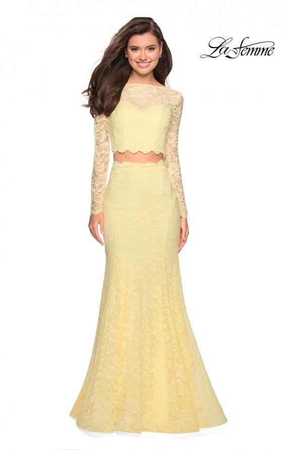 Picture of: Stretch Lace Long Sleeve Two Piece Prom Dress in Pale Yellow, Style: 27601, Detail Picture 9
