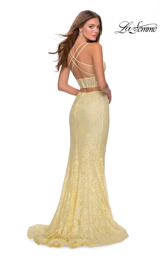 Picture of: Two Piece Lace Dress with Sheer Top and Rhinestones in Pale Yellow, Style: 28590, Back Picture