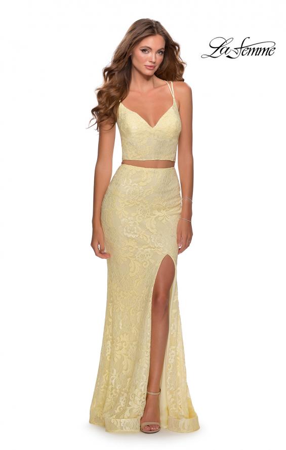Picture of: Two Piece Lace Dress with Sheer Top and Rhinestones in Pale Yellow, Style: 28590, Detail Picture 1