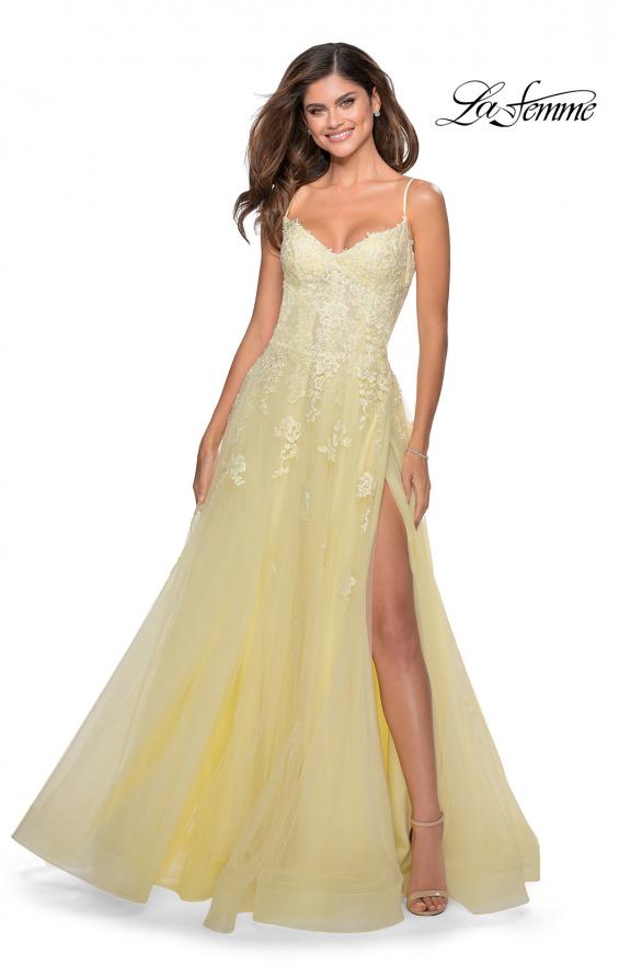 Picture of: Floral Lace Tulle A-line Gown with Side Leg Slit in Pale Yellow, Style: 28952, Detail Picture 1