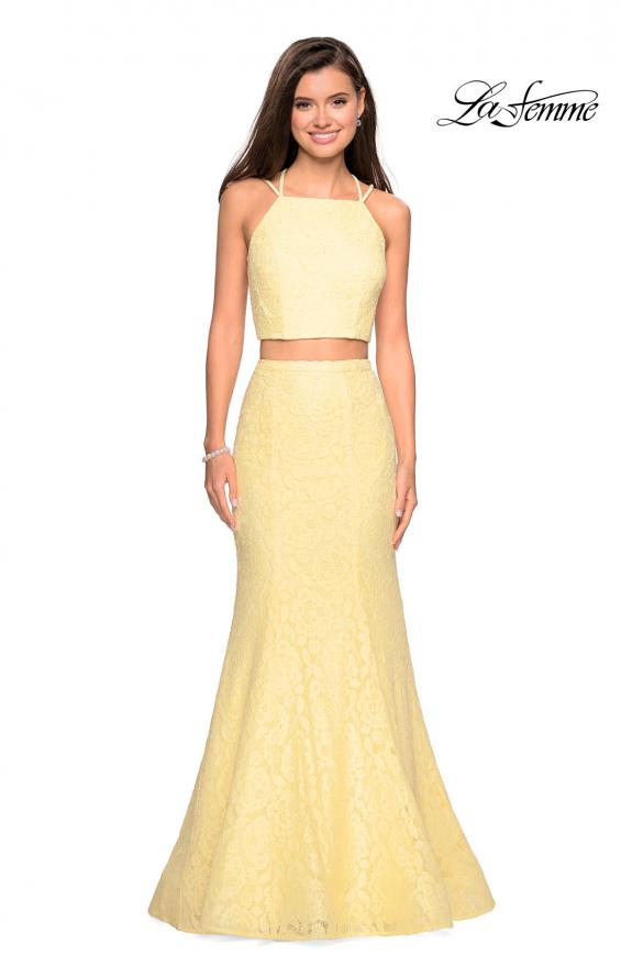 Picture of: Two Piece Stretch Lace Prom Dress with Strappy Back in Pale Yellow, Style: 27452, Detail Picture 2