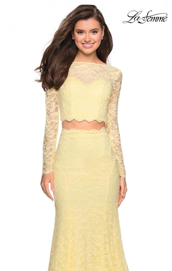 Picture of: Stretch Lace Long Sleeve Two Piece Prom Dress in Pale Yellow, Style: 27601, Detail Picture 2