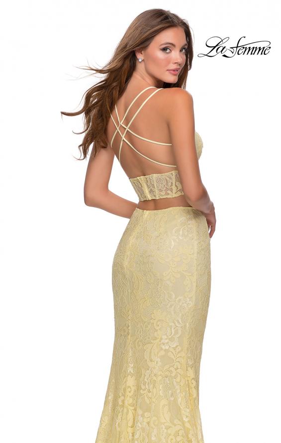 Picture of: Two Piece Lace Dress with Sheer Top and Rhinestones in Pale Yellow, Style: 28590, Detail Picture 2