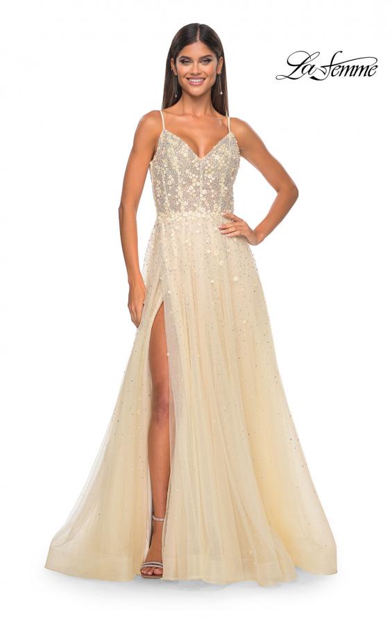 Picture of: A-Line Tulle Gown with Unique Floral and Rhinestone Details in Pale Yellow, Style: 32215, Detail Picture 2