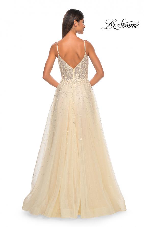 Picture of: A-Line Tulle Gown with Unique Floral and Rhinestone Details in Pale Yellow, Style: 32215, Detail Picture 3