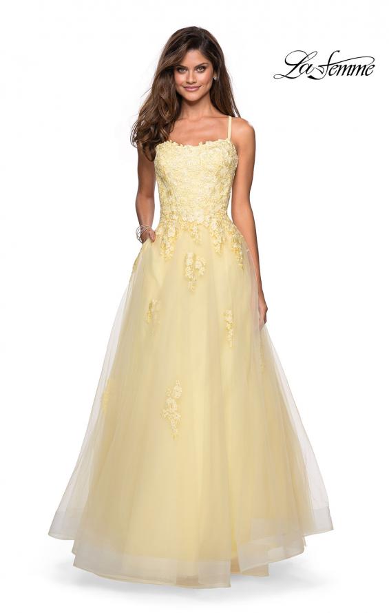 Picture of: Floor Length Tulle Ball Gown with Lace Accents in Pale Yellow, Style: 27441, Detail Picture 4