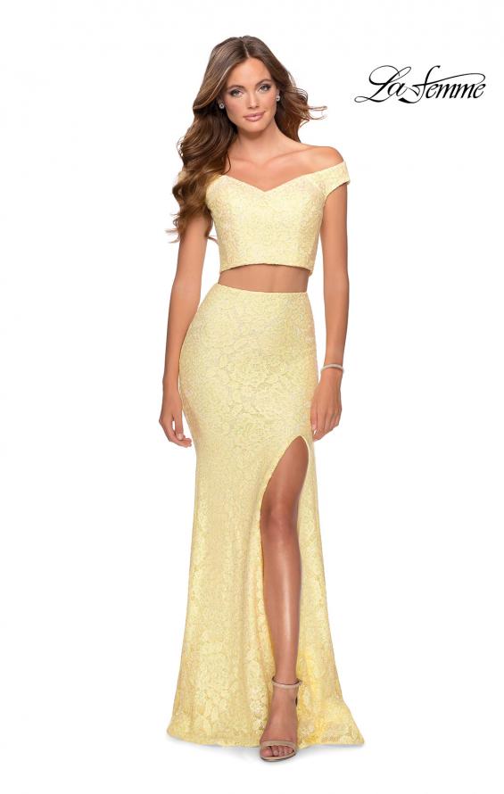 Picture of: Two Piece Off the Shoulder Sequin Lace Prom Dress in Pale Yellow, Style: 28565, Detail Picture 6