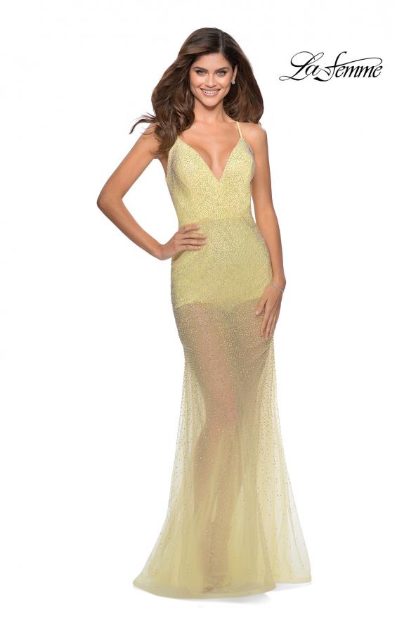 Picture of: Sheer Tulle Rhinestone Dress with Attached Shorts in Pale Yellow, Style: 28806, Detail Picture 6