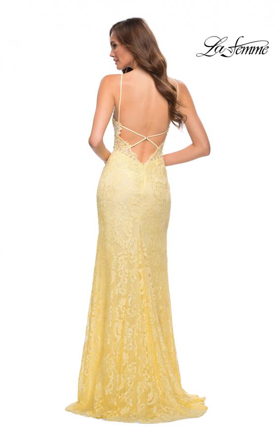 Picture of: Stretch Lace Long Dress with Deep V Neckline in Pale Yellow, Style 29842, Detail Picture 6