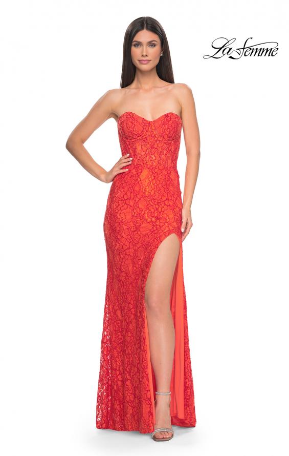 Picture of: Stretch Lace Dress with Bustier Bodice and Illusion Back in Papaya, Style: 32298, Detail Picture 1