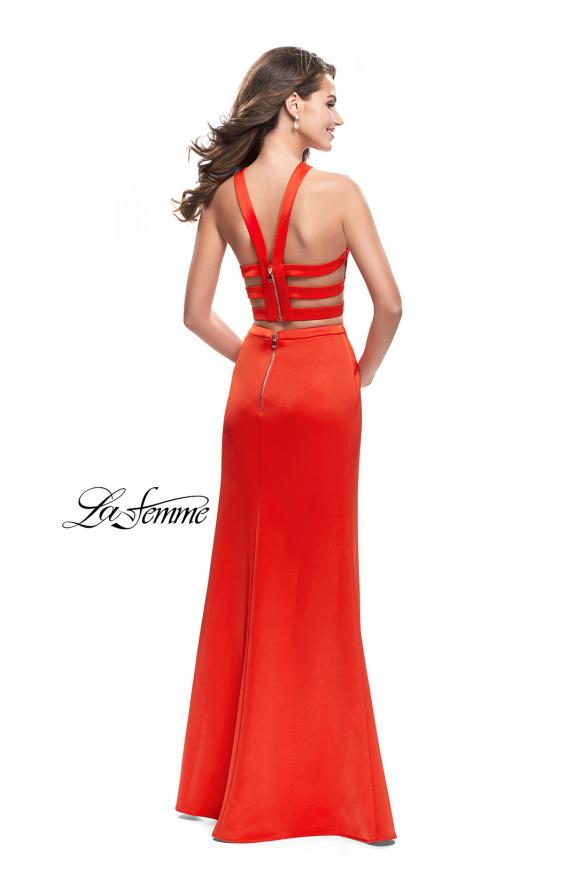 Picture of: Halter Two Piece Satin Prom Dress with Caged Back in Papaya, Style: 26171, Detail Picture 5