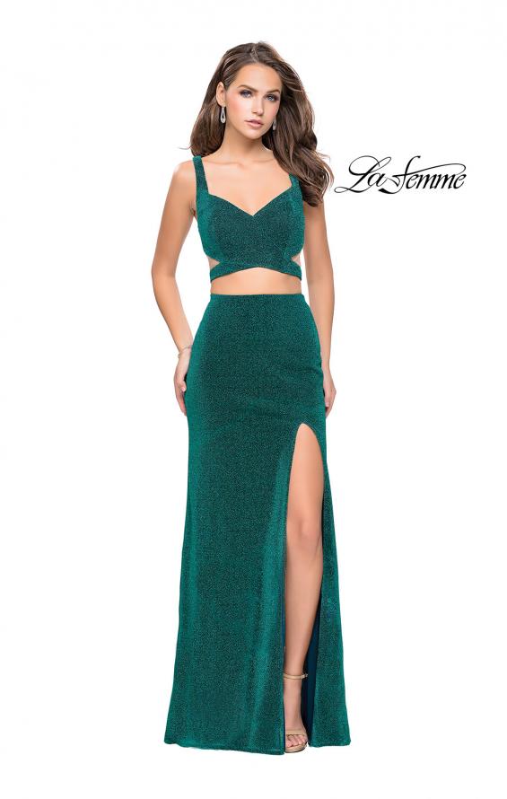 Picture of: Long Jersey Two Piece Prom Dress with Side Cut Outs in Peacock, Style: 25597, Main Picture