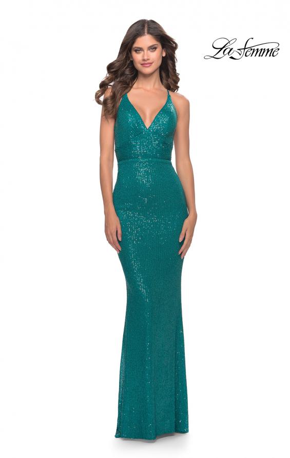 Picture of: Simple Line Sequin Dress with Lace Up Back in Peacock, Style: 31362, Detail Picture 3