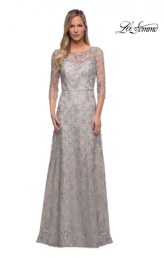 Picture of: Lace Dress with Three-Quarter Sleeves and Illusion Neckline in Pearl Silver, Detail Picture 1