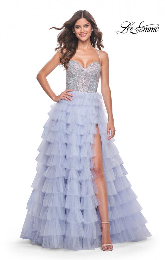Picture of: Neon Tiered Ruffle Tulle Prom Dress with Rhinestone Embellished Bodice in Periwinkle, Style: 32335, Detail Picture 8