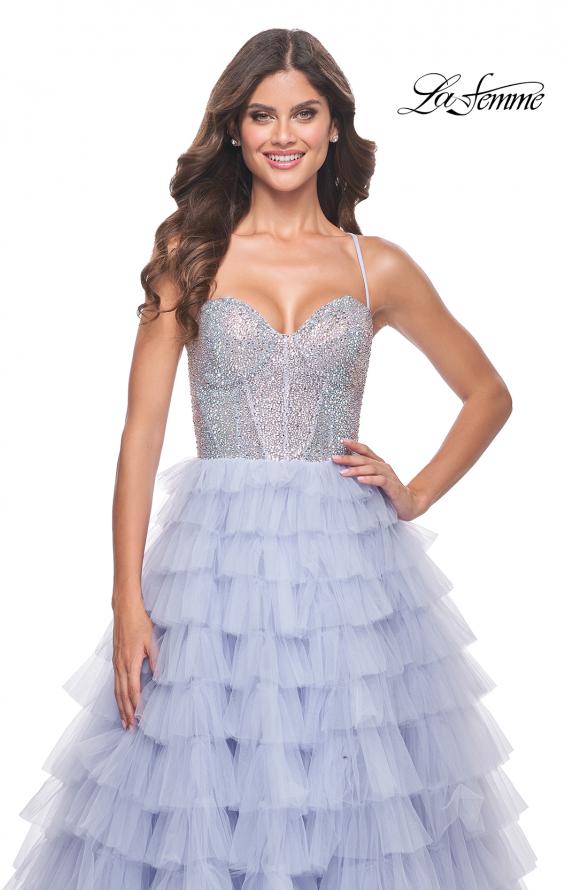 Picture of: Neon Tiered Ruffle Tulle Prom Dress with Rhinestone Embellished Bodice in Periwinkle, Style: 32335, Detail Picture 9