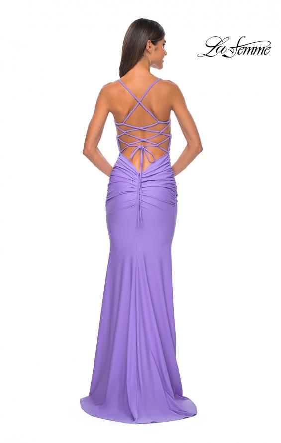 Picture of: Neon Ruched Jersey Dress with Rhinestone Mesh Draped Top in Periwinkle, Style: 32320, Detail Picture 10
