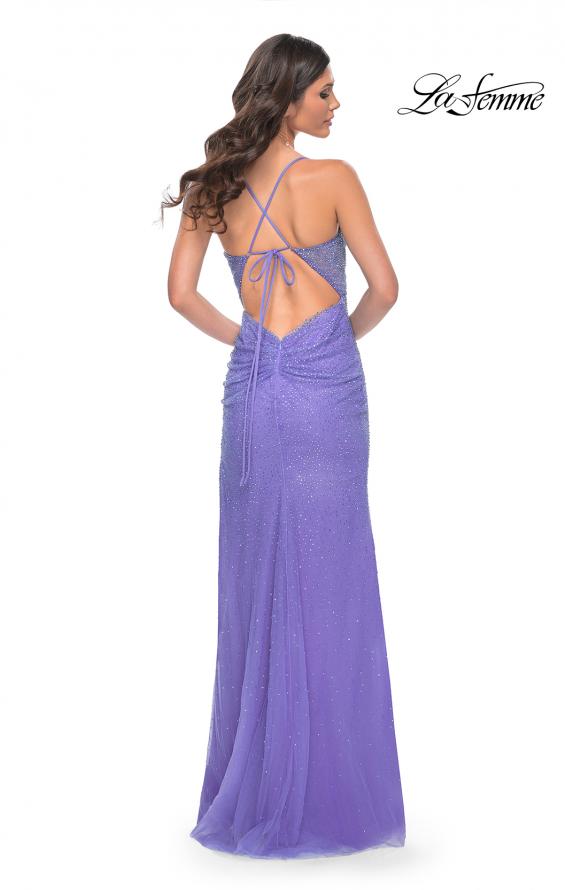 Picture of: Rhinestone Net Prom Dress with High Slit and Bustier Top in Purple, Style: 32328, Back Picture