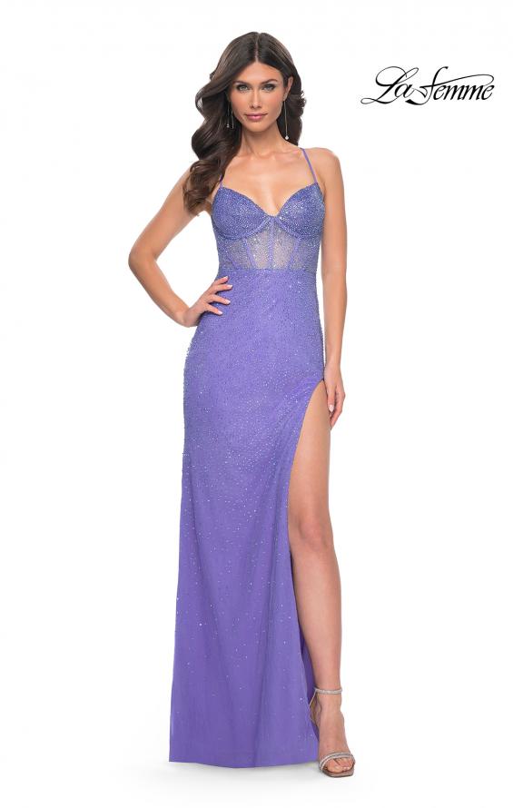 Picture of: Rhinestone Net Prom Dress with High Slit and Bustier Top in Purple, Style: 32328, Detail Picture 3