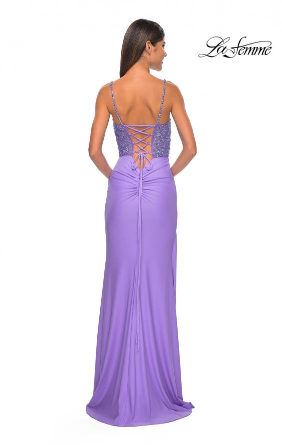Picture of: Fitted Jersey Gown with Pretty Beaded Rhinestone Illusion Bodice in Periwinkle, Style: 32089, Detail Picture 6