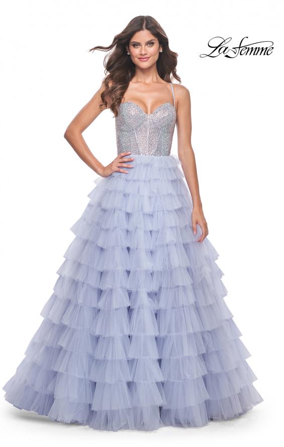 Picture of: Neon Tiered Ruffle Tulle Prom Dress with Rhinestone Embellished Bodice in Periwinkle, Style: 32335, Detail Picture 6