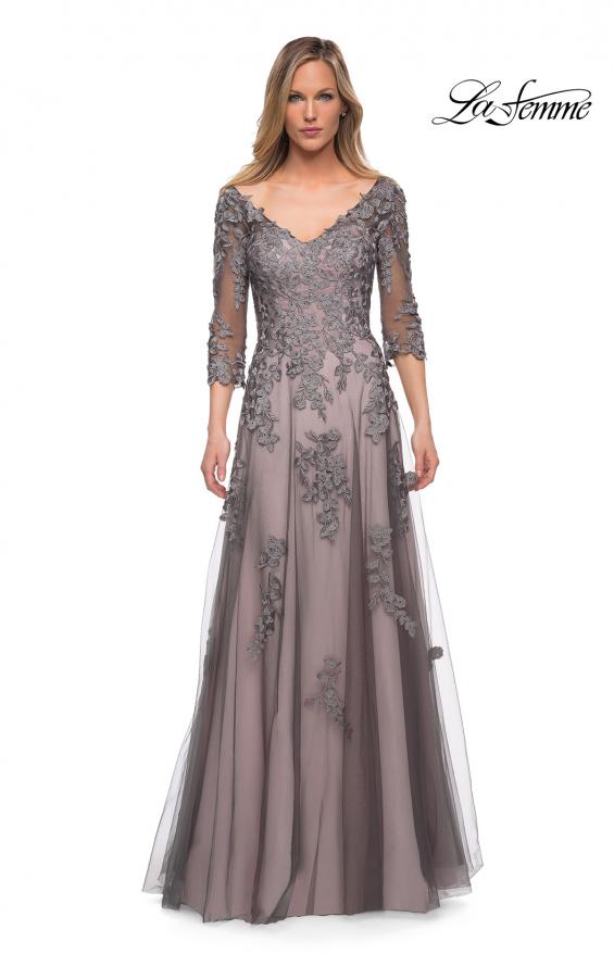 Picture of: A Line Gown with Sheer Three-Quarter Sleeves in Pink Gray, Main Picture