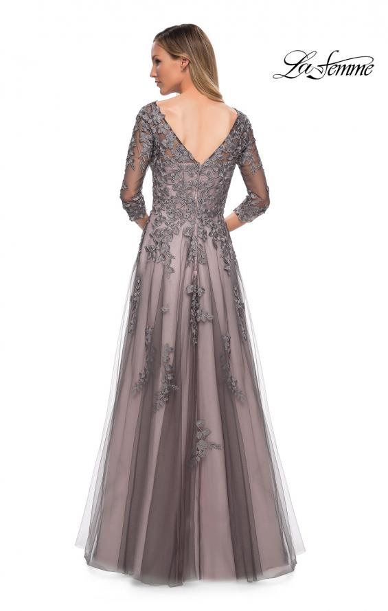 Picture of: A Line Gown with Sheer Three-Quarter Sleeves in Pink Gray, Back Picture