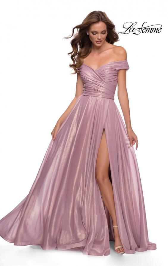 Picture of: Metallic Chiffon Gown with Off the Shoulder Top in Pink Metallic, Style 29172, Main Picture