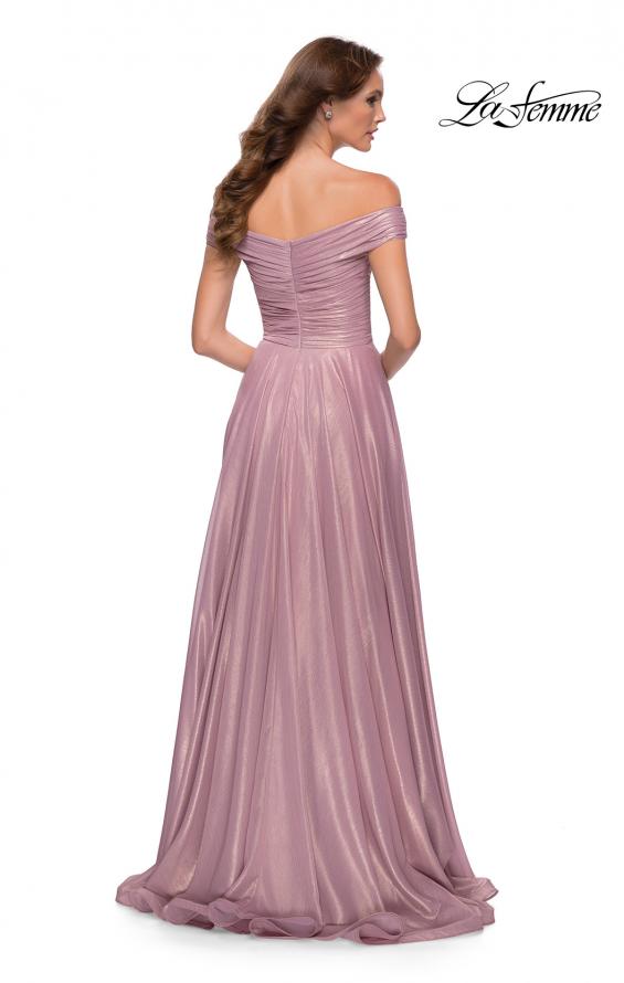Picture of: Metallic Chiffon Gown with Off the Shoulder Top in Pink Metallic, Style 29172, Back Picture