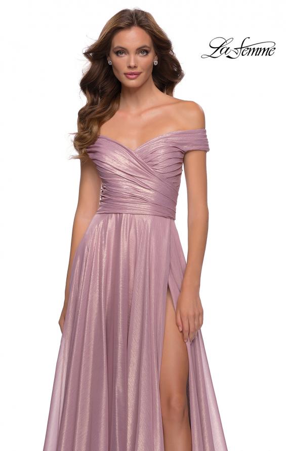 Picture of: Metallic Chiffon Gown with Off the Shoulder Top in Pink Metallic, Style 29172, Detail Picture 1