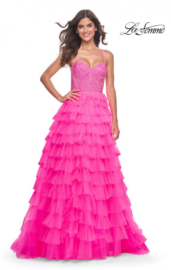 Picture of: Neon Tiered Ruffle Tulle Prom Dress with Rhinestone Embellished Bodice in Pink, Style: 32335, Detail Picture 11