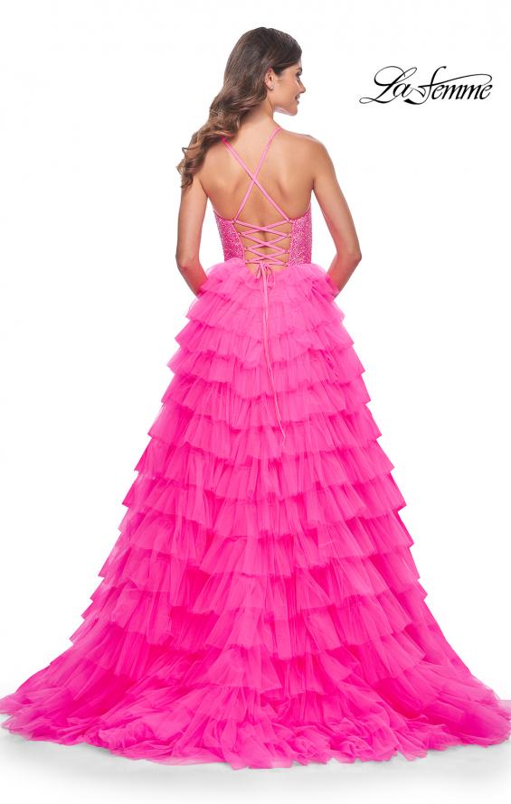 Picture of: Neon Tiered Ruffle Tulle Prom Dress with Rhinestone Embellished Bodice in Pink, Style: 32335, Detail Picture 12