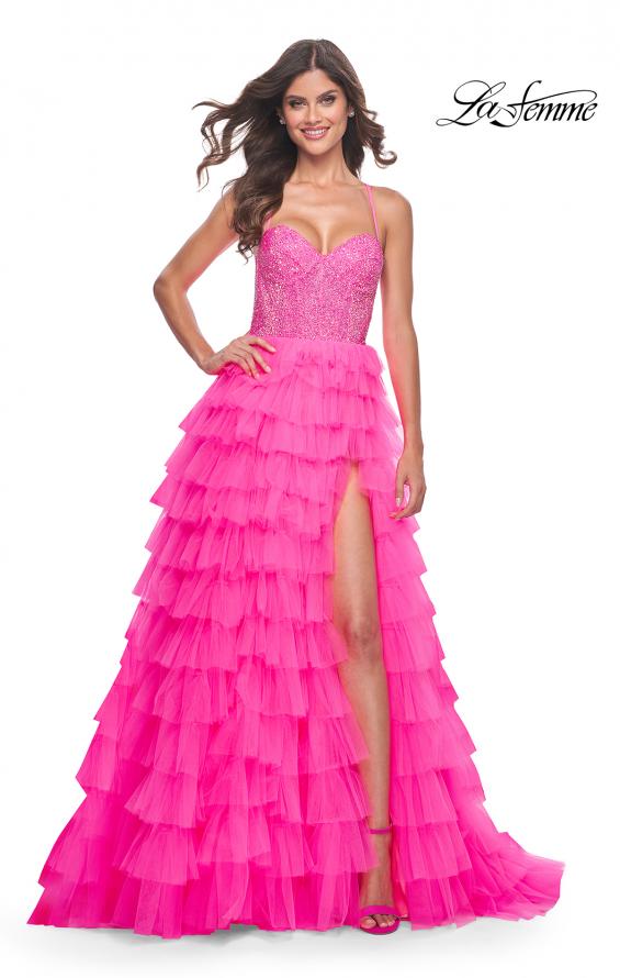 Picture of: Neon Tiered Ruffle Tulle Prom Dress with Rhinestone Embellished Bodice in Pink, Style: 32335, Detail Picture 13