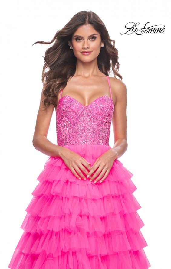 Picture of: Neon Tiered Ruffle Tulle Prom Dress with Rhinestone Embellished Bodice in Pink, Style: 32335, Detail Picture 14