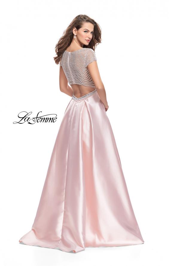 Picture of: Mikado Prom Dress with Pearl Beaded Cap Sleeves in Pink, Style: 26327, Back Picture