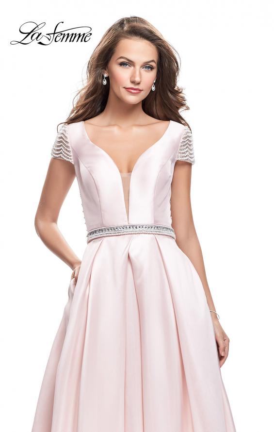 Picture of: Mikado Prom Dress with Pearl Beaded Cap Sleeves in Pink, Style: 26327, Detail Picture 1