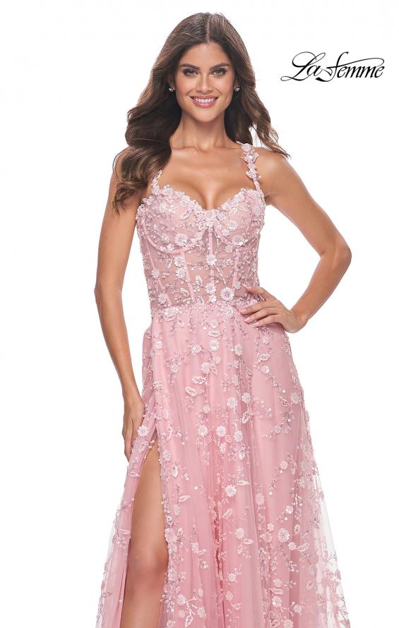 Picture of: Floral Embellished A-Line Dress with Bustier Illusion Top in Pink, Style: 31996, Detail Picture 3