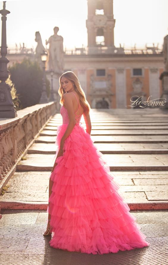 Picture of: Neon Tiered Ruffle Tulle Prom Dress with Rhinestone Embellished Bodice in Pink, Style: 32335, Detail Picture 5