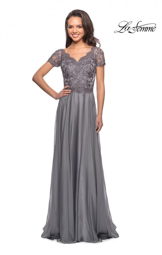 Picture of: Long Chiffon Dress with Lace Bodice and Pockets in Platinum, Style: 27098, Detail Picture 8