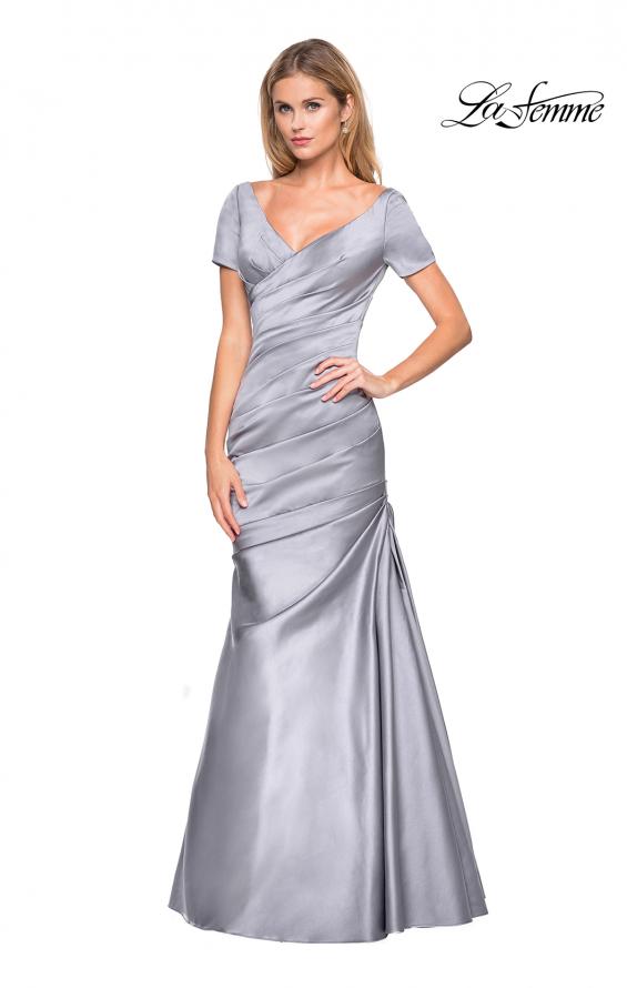 Picture of: Long Satin Gown with Elegant Ruching in Platinum, Style: 26947, Detail Picture 1