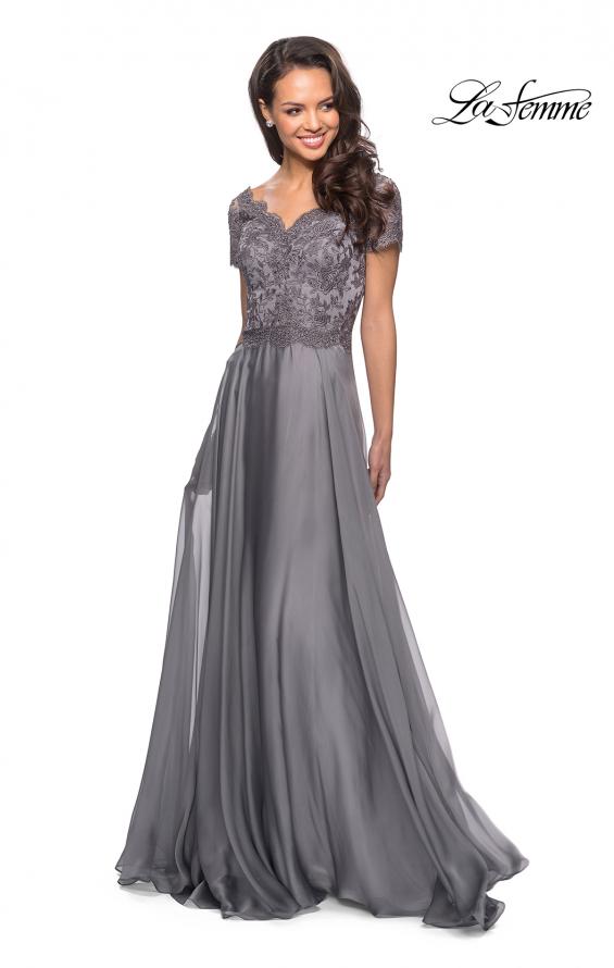 Picture of: Long Chiffon Dress with Lace Bodice and Pockets in Platinum, Style: 27098, Detail Picture 1