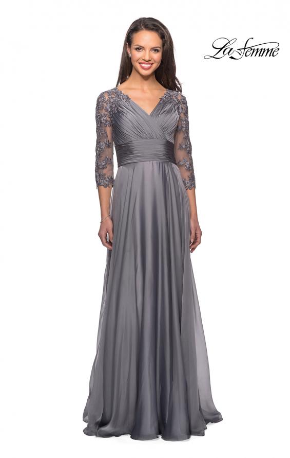 Picture of: Floor Length Chiffon Dress with Lace Sleeves in Platinum, Style: 27153, Detail Picture 1